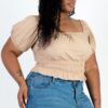 Plus size casual ruched puff sleeve ribbed knit solid top Tops