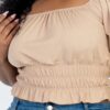 Plus size casual ruched puff sleeve ribbed knit solid top Tops