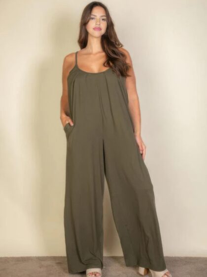 Plus spaghetti strap solid wide jumpsuit